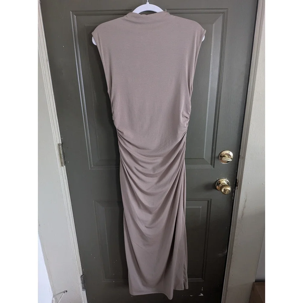 Abercrombie & Fitch Taupe Ruched Mock Neck Maxi Dress Side Slit MP Petite Brown